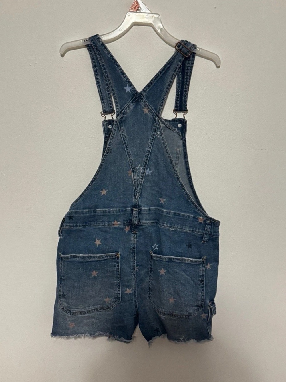 Kids Blue Denim Star Print Short Overalls size Medium 7-8